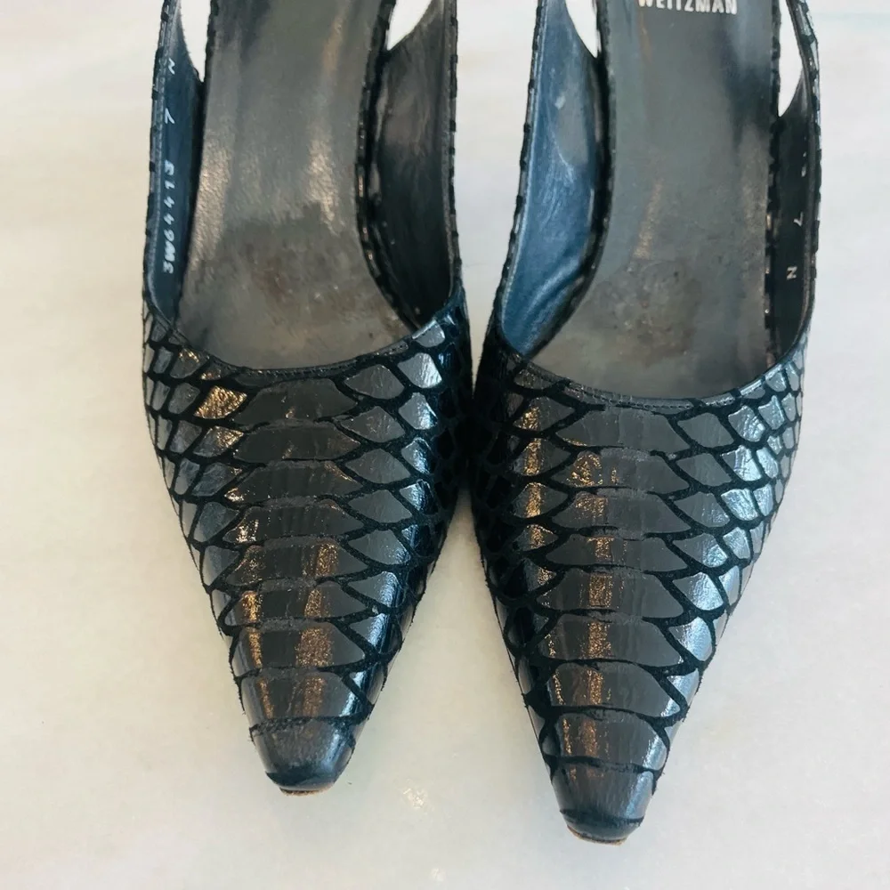 Stuart Weitzman Black Textured Snake Skin Slingback Pointed Heels Size 7 Narrow